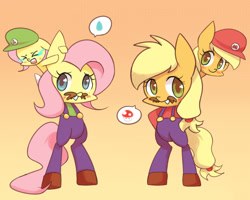 Size: 1280x1024 | Tagged: safe, artist:joycall6, applejack, fluttershy, earth pony, pony, adult, baby luigi, baby mario, bipedal, blush sticker, blushing, cosplay, crossover, filly, filly applejack, filly fluttershy, luigi, mario, mario & luigi, mario & luigi: partners in time, moustache, parody, speech bubble, super mario bros., super mushroom, sweet drops