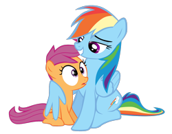 Size: 1536x1200 | Tagged: artist needed, safe, derpibooru import, rainbow dash, scootaloo, pegasus, pony, sleepless in ponyville, adult, female, filly, hug, shocked, simple background, transparent background, winghug, wrong eye color