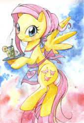 Size: 820x1200 | Tagged: safe, artist:paulina-ap, fluttershy, pegasus, pony, alternate hairstyle, apron, clothes, drink, glass, looking at you, solo, sugarcube corner, traditional art, waitress, watercolor painting