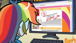 Size: 1440x818 | Tagged: safe, edit, idw, babs seed, diamond tiara, ms. harshwhinny, rainbow dash, snails, snips, sunset shimmer, equestria girls, spoiler:comicholiday2014, computer, cropped, exploitable, facing away, internet, solo