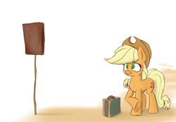 Size: 1280x886 | Tagged: safe, artist:heir-of-rick, applejack, earth pony, pony, daily apple pony, bus stop, suitcase