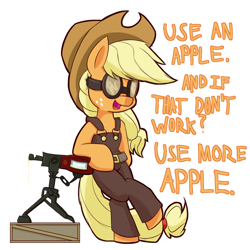 Size: 1050x1050 | Tagged: safe, artist:heir-of-rick, applejack, earth pony, pony, daily apple pony, apple, bipedal, cowboy hat, crossover, engiejack, engineer, female, food, goggles, hat, mare, open mouth, parody, simple background, solo, team fortress 2, text, that pony sure does love apples, turret, white background