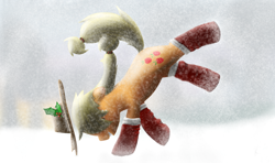 Size: 1280x757 | Tagged: safe, artist:everypone, applejack, earth pony, pony, bucking, clothes, holly, kicking, snow, snowfall, socks, solo, winter