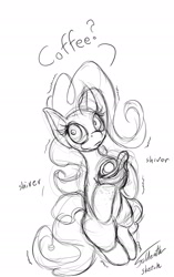 Size: 1207x1920 | Tagged: safe, artist:foldeath, pinkie pie, earth pony, pony, coffee, monochrome, pinkie found the coffee, solo