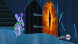 Size: 854x480 | Tagged: safe, derpibooru import, spike, twilight sparkle, dragon, pony, unicorn, door, exploitable meme, eye of sauron, female, horn, hub logo, male, mare, meme, multicolored mane, open mouth, purple coat, sauron, stairs, the hobbit, the scary door