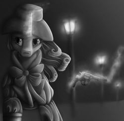 Size: 2050x2000 | Tagged: safe, artist:darkray777, rarity, pony, unicorn, bow, bullet, clothes, glowing horn, gun, handgun, hat, lamppost, magic, monochrome, pistol, raised hoof, revolver, solo, weapon