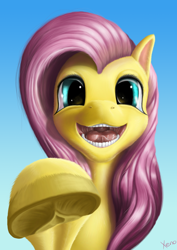 Size: 1024x1448 | Tagged: safe, artist:the1xeno1, fluttershy, pegasus, pony, foreshortening, hooves, open mouth, perspective, solo, teeth, uncanny valley, underhoof