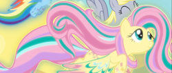 Size: 1663x706 | Tagged: safe, screencap, derpy hooves, fluttershy, pegasus, pony, twilight's kingdom, cropped, flying, glow, rainbow power, rainbow power-ified, smiling, solo focus, spread wings, wings