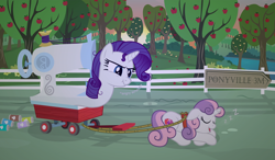 Size: 17116x10000 | Tagged: safe, artist:sollace, derpibooru exclusive, rarity, sweetie belle, object pony, original species, pony, unicorn, absurd resolution, angry, apple tree, context is for the weak, cute, descriptive noise, diasweetes, duo, eyes closed, food, i can't believe it's not badumsquish, inanimate tf, muffin, not salmon, objectification, open mouth, ponified, prone, rope, scrunchy face, sewing machinarity, sewing machine, sign, sleeping, smiling, snoring, sunset, tin can, transformation, tree, vector, wagon, wat, what has science done, zzz
