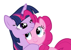 Size: 2441x1706 | Tagged: safe, artist:mmdfantage, derpibooru import, edit, pinkie pie, twilight sparkle, earth pony, pony, cute, female, hug, lesbian, shipping, twinkie