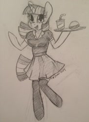 Size: 920x1265 | Tagged: safe, artist:grayflower, derpibooru import, twilight sparkle, anthro, clothes, female, food, grayscale, monochrome, solo, traditional art, waitress