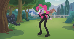 Size: 1366x727 | Tagged: safe, screencap, pinkie pie, spike, dog, equestria girls, friendship games, pinkie spy (short), disguise, dogwoman, mask, solo, spike the dog, wat