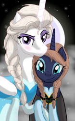 Size: 1200x1920 | Tagged: safe, artist:theroyalprincesses, princess celestia, princess luna, anna, clothes, cosplay, costume, crossover, disney, dress, elsa, frozen (movie), looking at you, night sky, nightmare night, royal sisters, smiling, stars