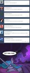 Size: 600x1461 | Tagged: safe, artist:alorix, princess celestia, princess luna, alicorn, pony, ask, bed, blanket, cute, dialogue, eyes closed, mane, missing accessory, pillow, prone, sex dream luna, sleeping, smiling, solo focus, tumblr