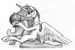 Size: 2138x1430 | Tagged: safe, artist:the-wag, princess celestia, alicorn, pony, globe, grayscale, monochrome, sitting, sketch, solo, traditional art