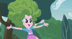 Size: 1366x735 | Tagged: safe, screencap, pinkie pie, equestria girls, friendship games, pinkie spy (short), behaving like a tree, bush, hair, hiding, hug, incoming hug, mane, wig