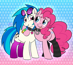 Size: 1280x1148 | Tagged: safe, artist:collaredginger, dj pon-3, pinkie pie, vinyl scratch, earth pony, pony, unicorn, bracelet, clothes, collar, female, lesbian, piercing, shipping, socks, vinylpie