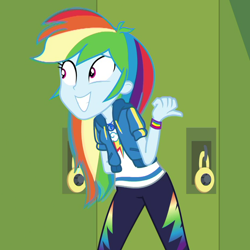 Size: 840x840 | Tagged: safe, derpibooru import, screencap, rainbow dash, better together, equestria girls, fomo, canterlot high, cropped, cute, dashabetes, female, geode of super speed, hallway, lockers, magical geodes, solo