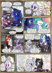 Size: 1363x1920 | Tagged: safe, artist:pencils, fluttershy, princess celestia, princess luna, twilight sparkle, twilight sparkle (alicorn), oc, oc:fannie noveau, oc:moonglow twinkle, alicorn, earth pony, pegasus, pony, unicorn, comic:anon's pie adventure, bedroom eyes, blushing, comic, crown, dialogue, dock, drunk, drunk bubbles, drunkershy, eye contact, eyes closed, female, floppy ears, glare, glasses, grin, heresy, horseshoes, jewelry, lidded eyes, lip bite, male, mare, monochrome, necklace, neo noir, notice me senpai, open mouth, partial color, ponies eating meat, praise the sun, raised hoof, regalia, smiling, speech bubble, stallion, starry eyes, tail bow, thought bubble, wide eyes, wingding eyes