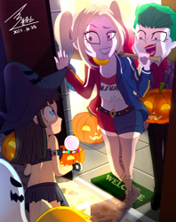 Size: 1797x2267 | Tagged: safe, artist:bluse, princess celestia, princess luna, principal celestia, vice principal luna, equestria girls, baseball bat, bedsheet ghost, belly button, candy, clothes, costume, crossover, dc comics, doorstep, halloween, harley quinn, jack-o-lantern, lollipop, midriff, open mouth, pumpkin, rear view, shorts, show accurate, signature, skirt, the joker, young