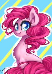 Size: 696x1000 | Tagged: safe, artist:iponylover, pinkie pie, earth pony, pony, cheek fluff, chest fluff, colored pupils, cute, diapinkes, ear fluff, female, looking at you, mare, sitting, solo