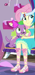 Size: 262x554 | Tagged: safe, derpibooru import, screencap, fluttershy, rainbow dash, spike, spike the regular dog, dog, better together, equestria girls, fomo, clothes, cropped, dress, feet, female, hat, male, offscreen character, party hat, paws, sandals, smiling