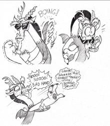 Size: 1054x1200 | Tagged: safe, artist:mickeymonster, discord, draconequus, comic, male, monochrome, solo