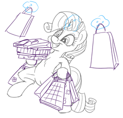 Size: 1280x1227 | Tagged: safe, artist:pirill, rarity, pony, unicorn, 30 minute art challenge, armpits, bipedal, glowing horn, magic, shopping bags, smiling, solo, telekinesis