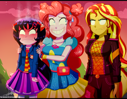 Size: 1560x1220 | Tagged: safe, alternate version, artist:the-butch-x, pinkie pie, sunset shimmer, oc, oc:cassey, better together, equestria girls, sunset's backstage pass!, angry, geode of empathy, geode of sugar bombs, grin, imminent beatdown, magical geodes, music festival outfit, nervous, nervous grin, smiling, sunset shimmer is not amused, sweat, sweatdrop, this will not end well, unamused