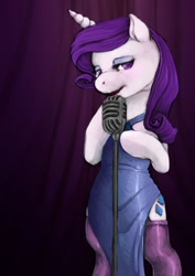 Size: 905x1280 | Tagged: safe, artist:ronniesponies, rarity, pony, semi-anthro, unicorn, clothes, dress, female, garters, lidded eyes, mare, microphone, solo, stockings, thigh highs