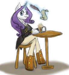 Size: 685x748 | Tagged: safe, artist:kartase, rarity, anthro, unguligrade anthro, chair, clothes, crossed legs, crossover, feather, female, levitation, magic, mug, pants, pen, rarifort, scroll, sitting, solo, table, telekinesis, the count of monte cristo, the count of monte rainbow, villefort