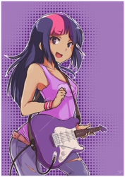 Size: 1280x1810 | Tagged: safe, artist:derpiihooves, derpibooru import, twilight sparkle, human, april fools, canter girls, clothes, cute little fangs, electric guitar, fangs, female, guitar, humanized, musical instrument, open mouth, smiling, solo, starswirl academy, tai saito, tanktop