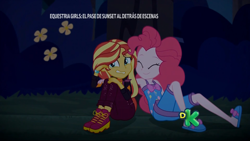 Size: 1366x768 | Tagged: safe, screencap, pinkie pie, sunset shimmer, equestria girls, equestria girls series, sunset's backstage pass!, spoiler:eqg series (season 2), clothes, cute, diapinkes, embarrassed, pajamas, sleeveless