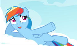 Size: 1538x922 | Tagged: safe, derpibooru import, screencap, rainbow dash, pegasus, pony, testing testing 1-2-3, cloud, cute, dashabetes, female, hooves behind head, mare, on a cloud, on side, open mouth, solo