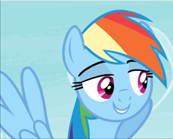 Size: 1165x942 | Tagged: safe, derpibooru import, screencap, rainbow dash, pegasus, pony, testing testing 1-2-3, cropped, female, lidded eyes, mare, smiling, solo, spread wings, wings