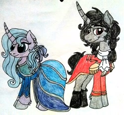 Size: 1256x1159 | Tagged: safe, artist:rosefang16, derpibooru import, idw, king sombra, radiant hope, unicorn, clothes, dress, female, gala dress, hopebra, male, shipping, story included, straight, traditional art