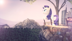 Size: 4000x2250 | Tagged: safe, artist:redaceofspades, rarity, pony, unicorn, 3d, city, cityscape, cliff, fence, grin, leaning, mountain, poster, smiling, solo, source filmmaker, tree