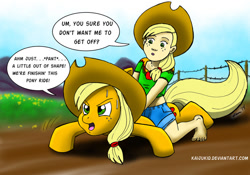 Size: 800x560 | Tagged: safe, artist:kaijukid, applejack, human, pony, barefoot, feet, hat, human ponidox, humanized, humans riding ponies, midriff, pony ride, riding, silly, silly pony, square crossover, sweat, who's a silly pony