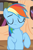 Size: 623x940 | Tagged: safe, derpibooru import, screencap, rainbow dash, pegasus, pony, testing testing 1-2-3, cropped, eyes closed, female, golden oaks library, mare, raised hoof, shrug, solo