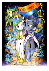 Size: 3900x5700 | Tagged: safe, artist:andypriceart, derpibooru import, king sombra, princess celestia, alicorn, pony, unicorn, absurd resolution, celestibra, crown, female, good king sombra, heart, hooves, jewelry, leaves, long hair, looking at each other, love, male, mare, moon, night, outdoors, rainbow hair, regalia, shipping, signature, smiling, stallion, straight, streetlight, tanabata, text, tree, walking