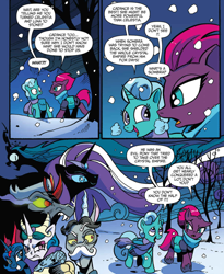 Size: 988x1204 | Tagged: safe, artist:andypriceart, derpibooru import, idw, accord, glitter drops, king sombra, nightmare rarity, princess celestia, princess luna, queen chrysalis, tempest shadow, alicorn, changeling, changeling queen, draconequus, pony, unicorn, spoiler:comic, spoiler:comic68, antagonist, armor, broken horn, clothes, comic, cropped, evil celestia, evil luna, evil sisters, eye scar, female, male, mare, official comic, saddle bag, scar, scarf, snow, speech bubble