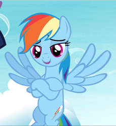 Size: 860x940 | Tagged: safe, derpibooru import, screencap, rainbow dash, pegasus, pony, testing testing 1-2-3, cropped, crossed arms, crossed hooves, female, flying, lidded eyes, mare, open mouth, smiling, solo, spread wings, wings