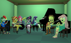 Size: 5120x3072 | Tagged: safe, artist:n3onh100, applejack, fluttershy, pinkie pie, rainbow dash, rarity, sci-twi, sunset shimmer, twilight sparkle, better together, equestria girls, 3d, bass guitar, chair, drums, geode of empathy, geode of fauna, geode of super strength, geode of telekinesis, gmod, guitar, humane five, humane seven, humane six, keyboard, magical geodes, microphone, musical instrument, piano, room, shoes, sneakers, speakers, tambourine