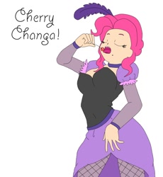 Size: 818x888 | Tagged: safe, artist:moe-kawaii-sunshine, pinkie pie, human, over a barrel, beauty mark, cherry, clothes, dress, eyes closed, humanized, open mouth, saloon dress, saloon pinkie, solo, tongue out