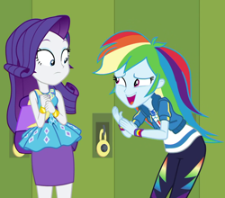 Size: 1120x987 | Tagged: safe, derpibooru import, screencap, rainbow dash, rarity, better together, equestria girls, fomo, canterlot high, cropped, geode of shielding, geode of super speed, hallway, lockers, magical geodes