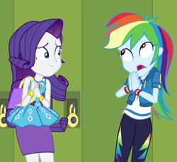 Size: 1061x973 | Tagged: safe, derpibooru import, screencap, rainbow dash, rarity, better together, equestria girls, fomo, bracelet, canterlot high, cropped, geode of shielding, geode of super speed, hallway, jewelry, lockers, magical geodes, purse