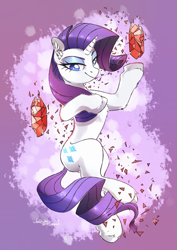 Size: 1725x2431 | Tagged: safe, artist:lavendersweet69, rarity, pony, unicorn, gem, shards, shattered, signature, smiling, solo