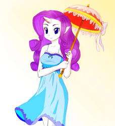Size: 913x1000 | Tagged: safe, artist:cabrony, artist:pimmy, color edit, edit, rarity, human, clothes, colored, dress, elf ears, gradient background, horned humanization, humanized, solo, sundress, umbrella