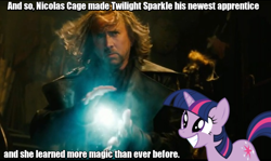 Size: 570x340 | Tagged: safe, derpibooru import, twilight sparkle, april fools, cagebooru, image macro, meme, nicolas cage, ponies in real life, the sorcerer's apprentice