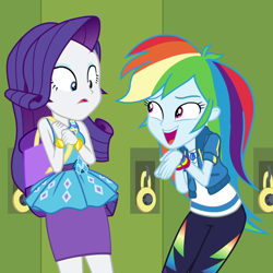 Size: 922x922 | Tagged: safe, derpibooru import, screencap, rainbow dash, rarity, better together, equestria girls, fomo, cropped, geode of shielding, geode of super speed, magical geodes